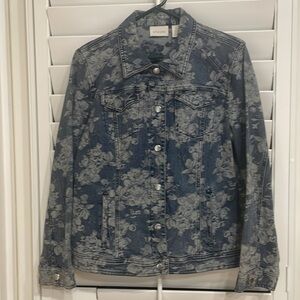 Chico’s Size 2, same as 12/14 Denim Blue/ White Flowered Jacket/ Long Sleeves.